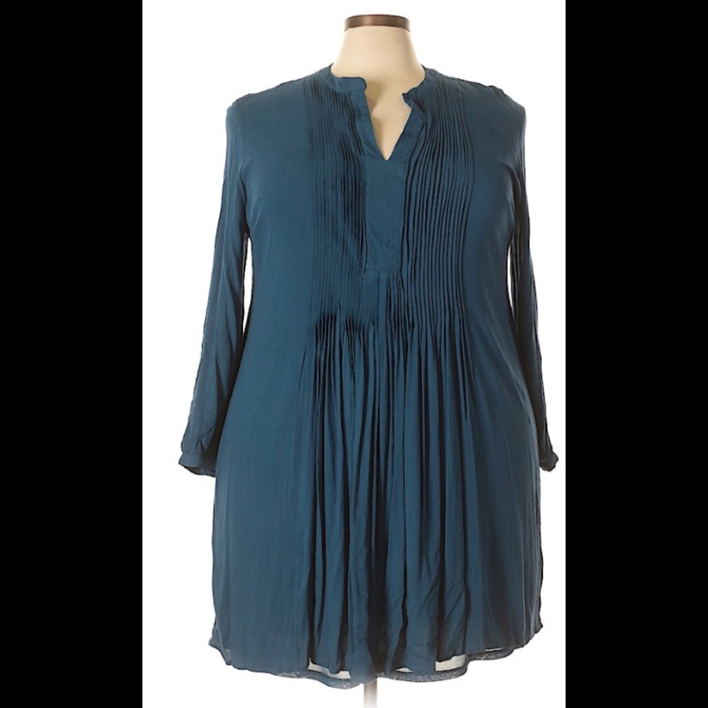 Old Navy Pintuck Swing Boho Babydoll Teal Long Sleeve Dress